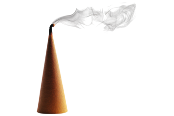 Aromatic cone releasing fragrant smoke in a minimalist setting during the evening light isolated on transparent background