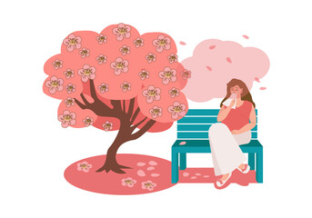 Young pregnant woman suffers from allergies, she has a runny nose and tears, she sits on a bench in the park near a blossoming tree in spring. Hay fever, pollen allergy, seasonal disease. Vector 
