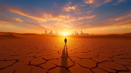 Selbstklebende Fototapeten A solitary figure stands on cracked earth at sunset, gazing at a city skyline in the distance. The sky displays vibrant colors as day transitions to night, highlighting the contrast © ChaoticDesignStudio