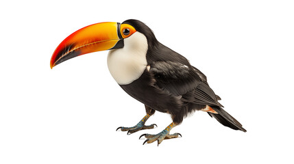 Naklejka premium Colorful Toucan Bird Tropical Exotic Wildlife, Vibrant Beak and Wings for Nature Themes, isolated on transparent background.