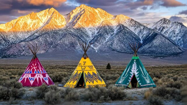Colorful tipis stand against breathtaking mountains at sunset in a serene wilderness setting