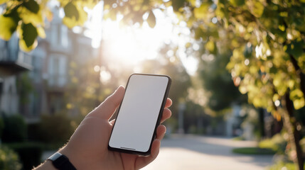 Mock-up of a smartphone with blank screen with a sunny outdoor scene in the background.