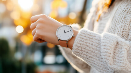 Changing Wristwatch Time Outdoors, A person adjusting the time on a stylish wristwatch while standing in a sunny garden, symbolizing the seasonal time shift.
