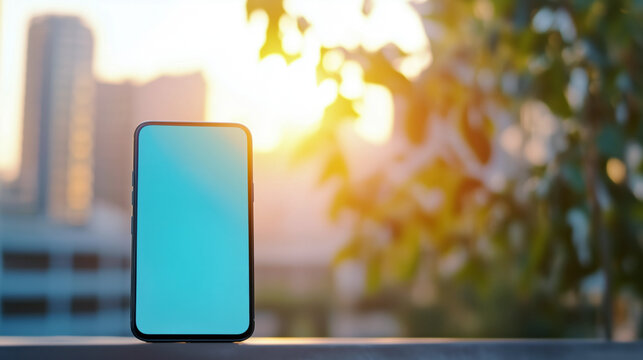 Mock-up of a smartphone with blank screen with a sunny outdoor scene in the background.