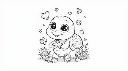 Coloring turtle with big sparkling eyes and a friendly smile, holding a starfish with various patterns in its flipper
