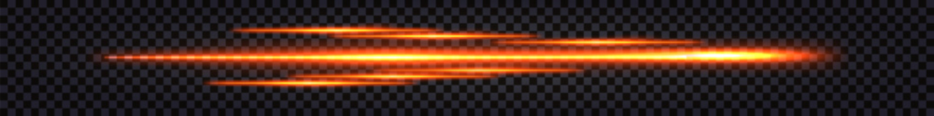 Laser light glowing beam, red neon luminous speed lines, dynamic motion, flying fiery impulse thunder bolt. Isolated vector element on dark transparent background © Amarylle