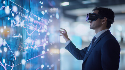 Businessman using Virtual Reality in a Modern Exhibition Center