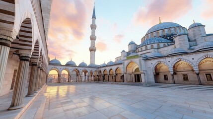 Fototapeta premium A breathtaking view of the Blue Mosque (Sultan Ahmed Mosque) in Istanbul at sunrise, the sky painted in pastel hues
