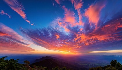 Fototapeta premium a breathtaking sunset sky with vibrant hues of orange pink and blue is captured from a high vantage point showcasing the dramatic cloud formations and the sun s descent