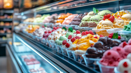 A modern Italian shop showcasing a display case filled with various types of ice cream, including colorful gelato, symbolizing indulgence, tradition, and the joy of authentic Italian desserts.


