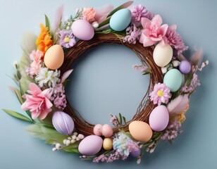 elegant easter wreath adorned with flowers and colorful eggs on soft pastel background