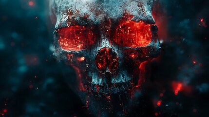 Eerie high tech alien skull with metallic textures and a dark mysterious atmosphere