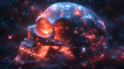 Futuristic and intricate alien skull design with glowing cybernetic details and a deep space theme