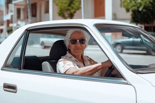 A woman in a white car is driving down the road. She is smiling and wearing sunglasses. The car is parked on the side of the road