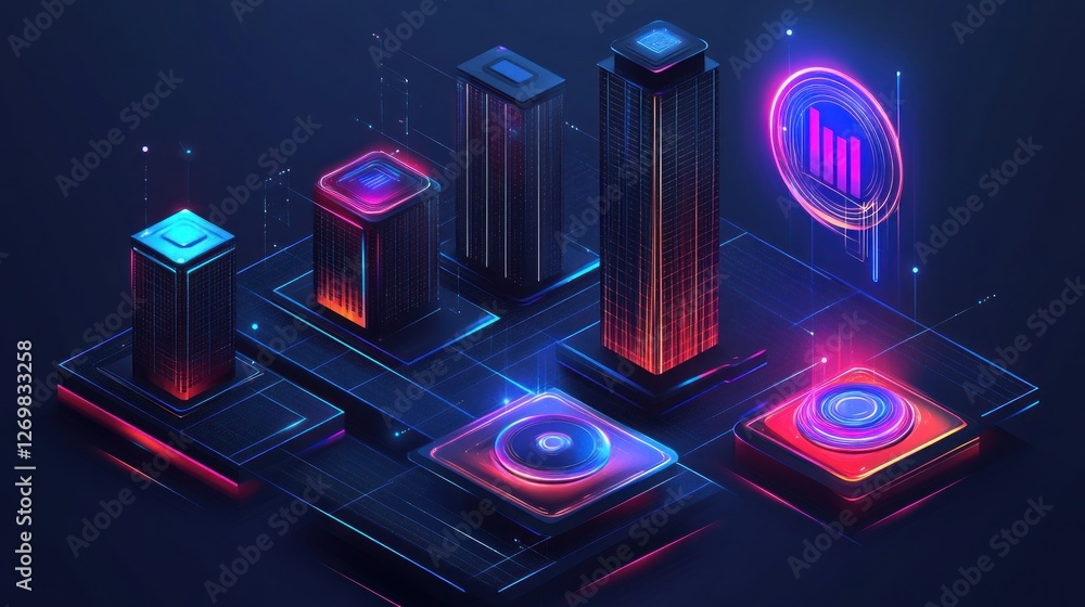 Poster futuristic data center architecture with neon lights and digital grid