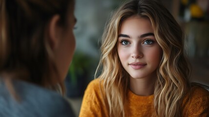 Young blonde woman listening to her friend during a meeting