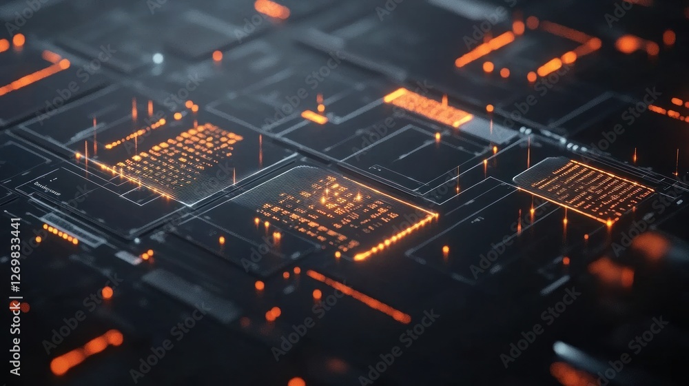Poster abstract technology circuit board with glowing orange data stream visualisation