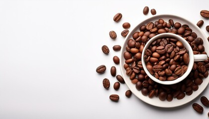 brown roast dark aromatic roasts beans coffee on white background with copyspace