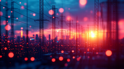 A modern electric power substation with a bright tone, showing blurred equipment against a blank empty background, representing energy, progress, and the complexities of power distribution.

