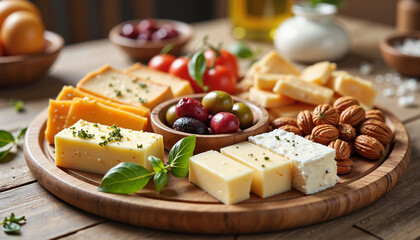 Elegant cheese platter with olives and nuts on wooden board, healthy meal