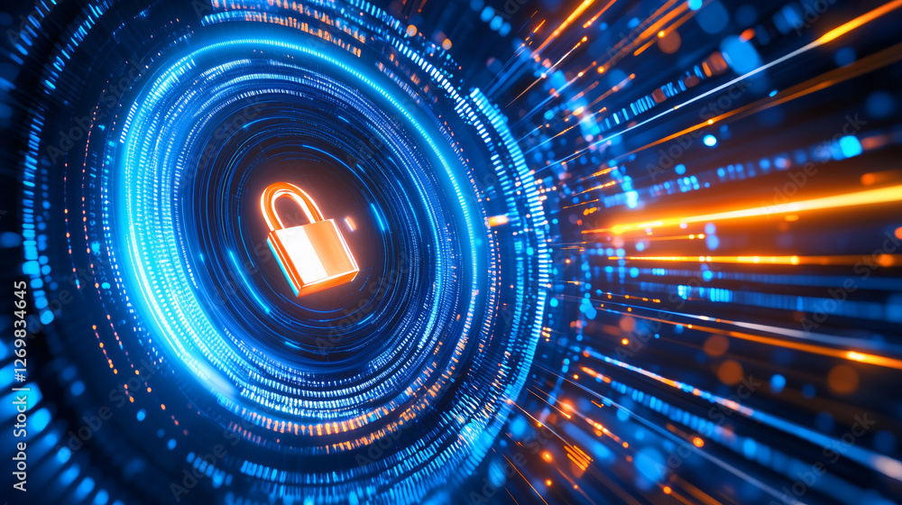 Poster a vibrant visual of a digital lock at the center, surrounded by glowing lines and circles, symbolizi