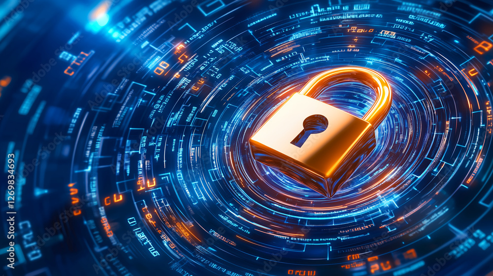 Poster golden padlock symbolizes online security within a vibrant network of glowing data streams, represen