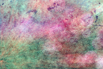 Vintage grunge texture with colorful green, pink, and purple hues. Aged, weathered surface with abstract artistic effects, ideal for backgrounds, design projects, and creative compositions.