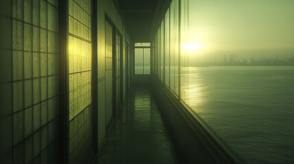 A modern electric power substation with a bright tone, showing blurred equipment against a blank empty background, representing energy, progress, and the complexities of power distribution.

