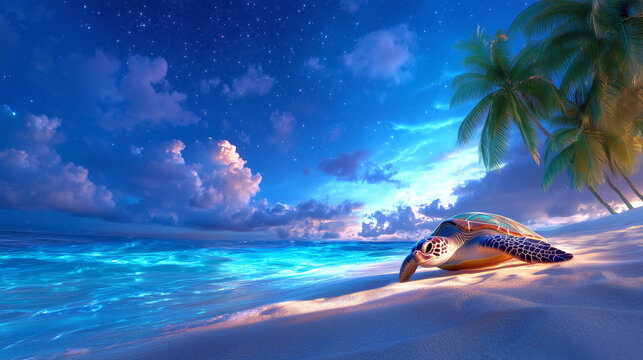 A sea turtle rests on the soft sandy beach, illuminated by the gentle glow of twilight. Tropical palm trees frame the scene under a starry sky, reflecting serene coastal beauty