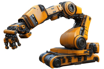Futuristic orange robotic arm ready for advanced industrial tasks in a factory isolated on transparent background