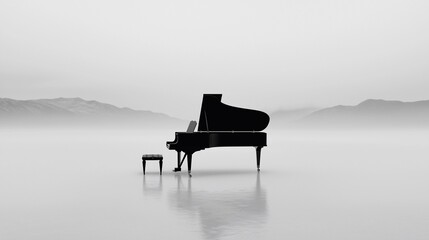Grand piano alone in foggy mountainscape.