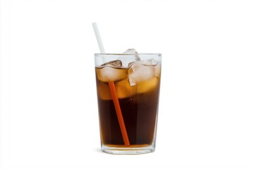 A glass of soda with a straw in it. The straw is partially submerged in the drink. The glass is half full