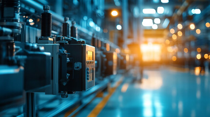 A modern electric power substation with a bright tone, showing blurred equipment against a blank empty background, representing energy, progress, and the complexities of power distribution.

