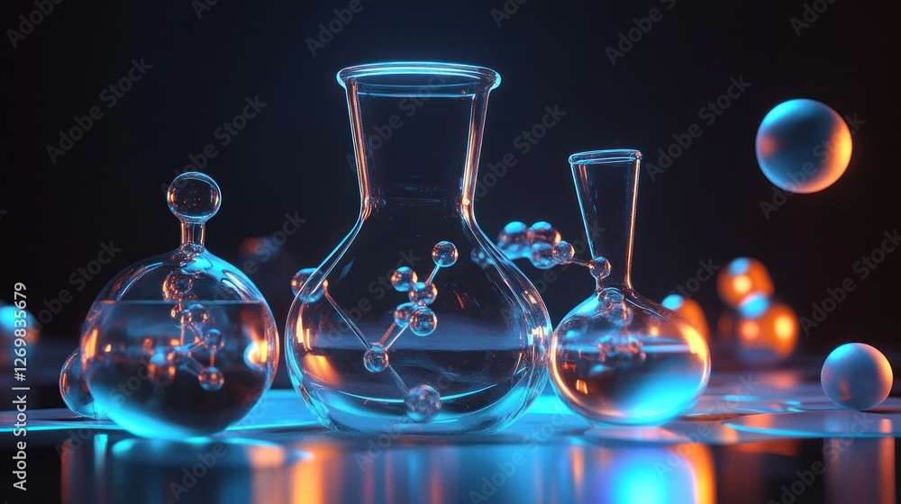 Poster illuminated laboratory glassware with floating molecules on a reflective surface