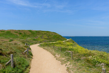 The path on the Beg-An-Aud point in Saint-Pierre-Quiberon in Europe, France, Brittany, Morbihan, Saint Pierre Quiberon, in summer, on a sunny day.