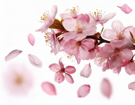 blossoming cherry branch with pink flowers and falling petals on white