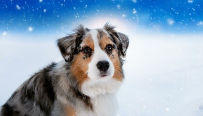 dog in winter cute dog sitting in a snowy landscape winter theme fluffy fur cheerful and playful blue and white background