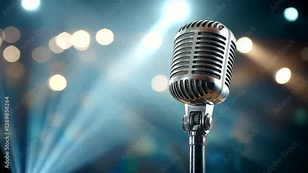 Poster a vintage microphone with a textured grip, set against a bokeh-filled background of shimmering light