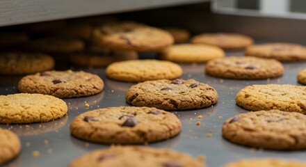 Freshly baked cookies cooling on a tray, featuring a variety of flavors, including chocolate chip and oatmeal, ready to be enjoyed.