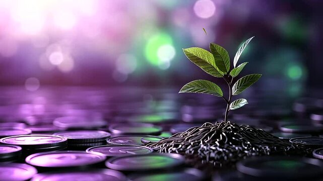 A delicate sapling sprouting from stacks of coins, its roots blending into the metallic surface, with a colorful, dreamy background of swirling purples and greens representing inve