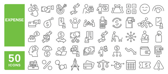 Set of 50 line icons related to expense, personal, finance, budget, payment, income, salary, bill, buy, price, shopping, purchase, Editable stroke. Vector illustration