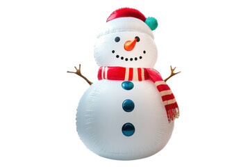 Cheerful inflatable snowman smiles bright in winter festivities on a snowy day isolated on transparent background