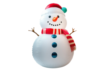 Cheerful inflatable snowman smiles bright in winter festivities on a snowy day isolated on transparent background