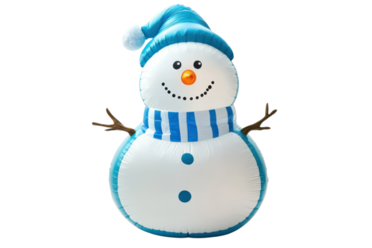Festive inflatable snowman with a cheerful smile welcomes winter celebrations in a bright setting isolated on transparent background
