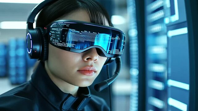 A futuristic woman wearing a sleek digital headset with glowing interfaces, her holographic display projecting data streams, symbolizing AI-driven communication innovation in a hig
