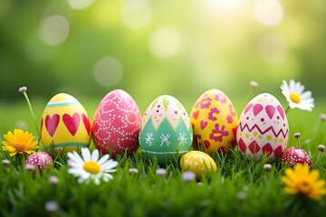 easter eggs on green grass