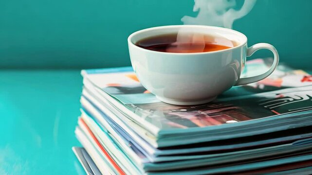 A stack of glossy magazines with a cup of tea on top, set against a teal background, the lighting enhancing the glossy finish of the magazine covers.