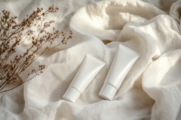 Elegant White Skincare Products on Linen Fabric