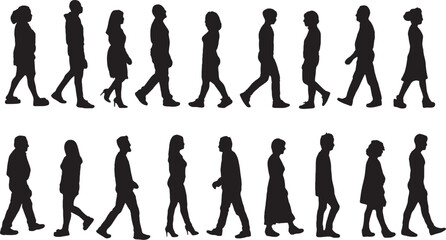 vector; silhouette side view of large group of people walking