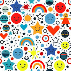 Hand drawn geometric seamless kids pattern with various geometric elements